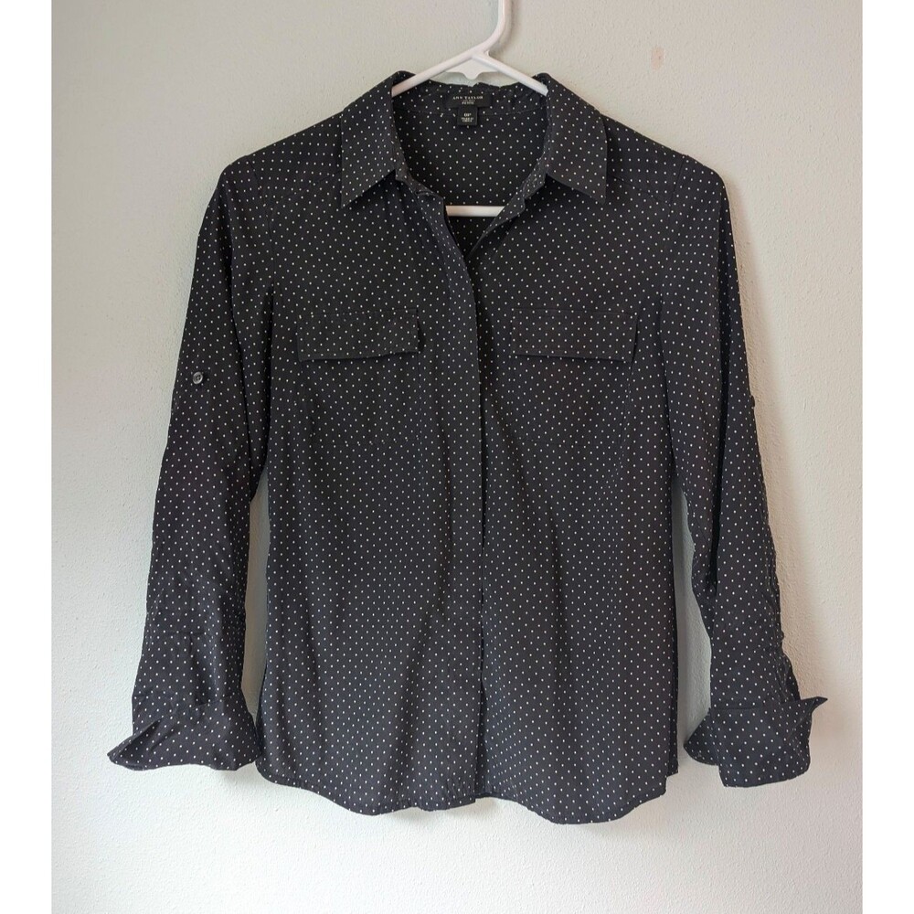 Ann Taylor Black Silk Polka Dot Long Sleeve Blouse Roll Sleeve Career Office 0P